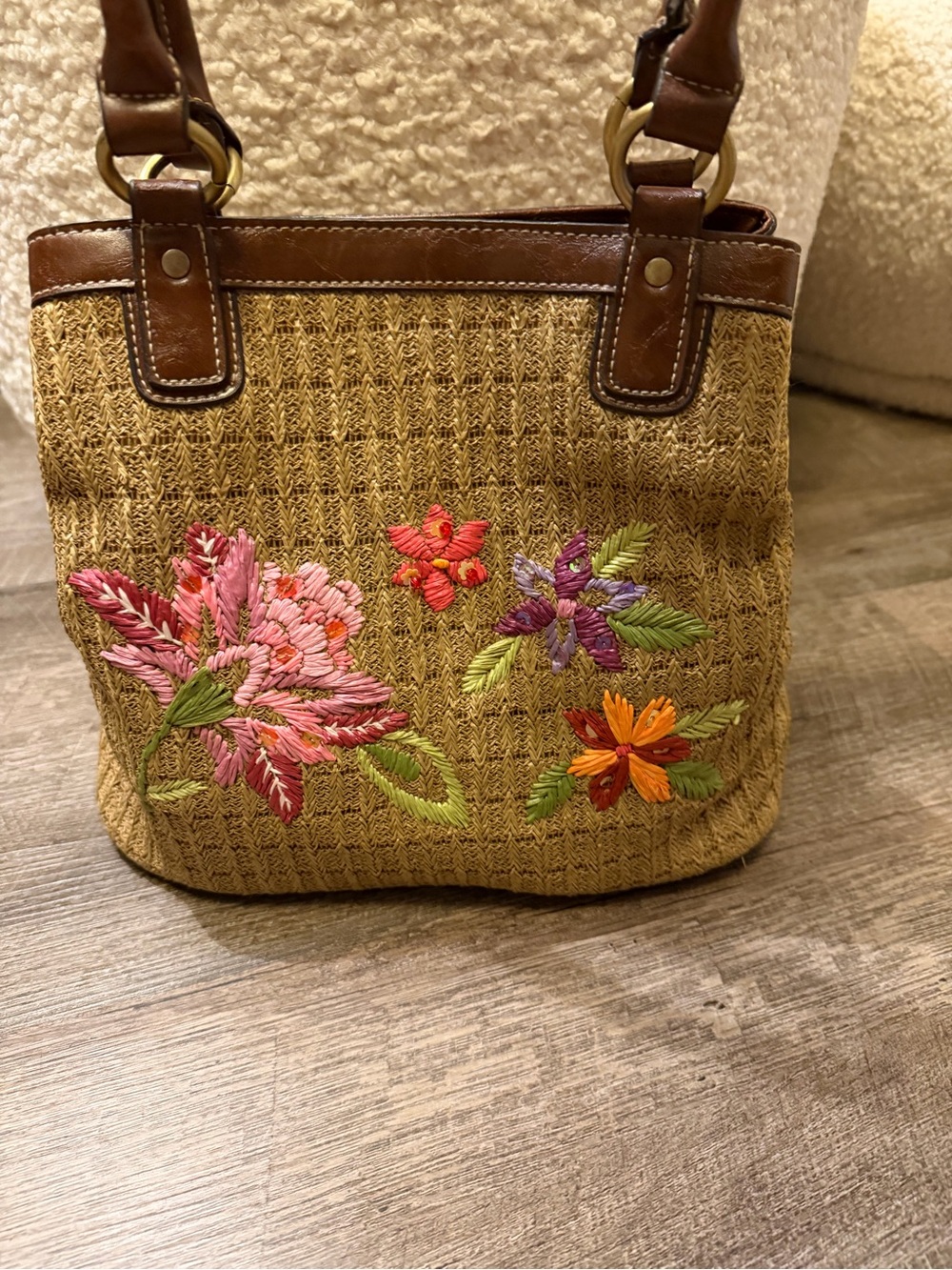 Woven Straw Tote Bag with Floral Embroidery - Brown